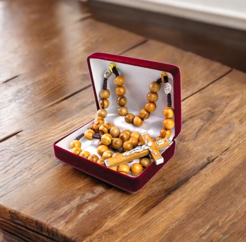 Rope Rosary with metal backed crucifix, OLIVE WOOD ROSARY