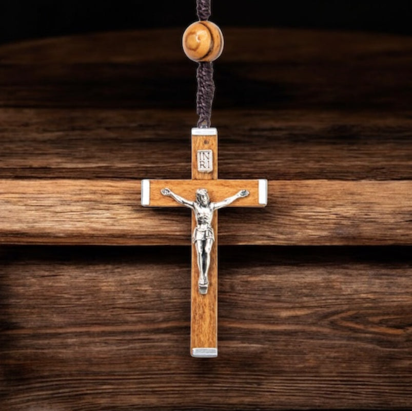 Rope Rosary with metal backed crucifix, OLIVE WOOD ROSARY