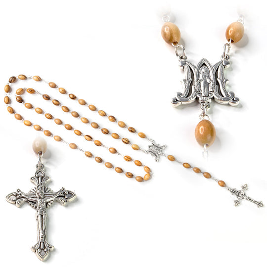 MIRACULOUS MEDAL OLIVE WOOD ROSARY - SILVER
