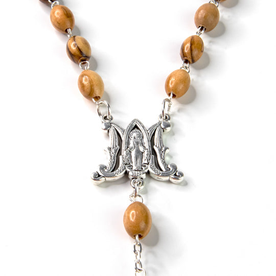 MIRACULOUS MEDAL OLIVE WOOD ROSARY - SILVER