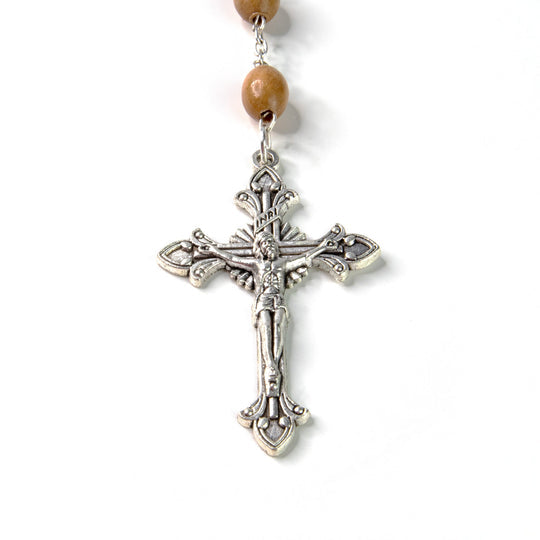 MIRACULOUS MEDAL OLIVE WOOD ROSARY - SILVER