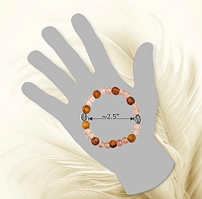 OLIVE WOOD STRETCH BRACELET, PINK BEADS AND JERUSALEM CROSS, VIRGIN MARY