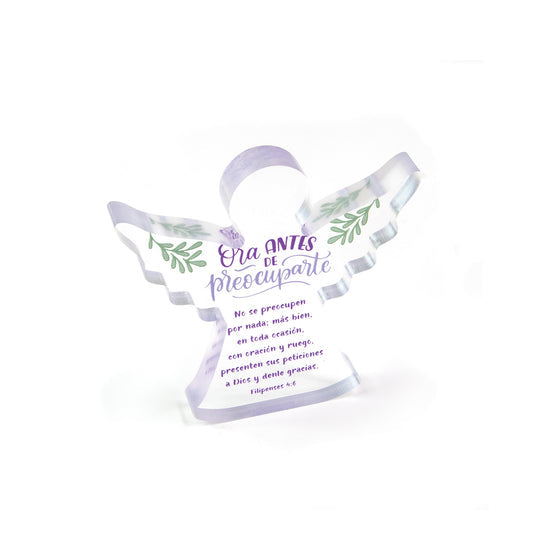 SPANISH, ORA ANTES DE PREOCUPARTE ACRYLIC ANGEL PLAQUE – PHILIPPIANS 4:6