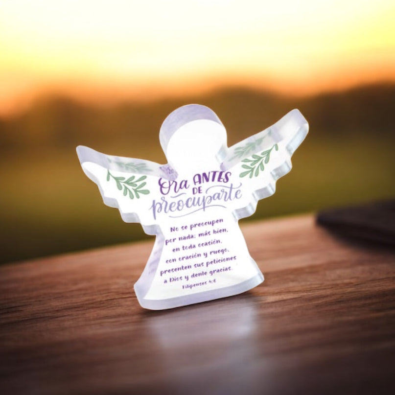 SPANISH, ORA ANTES DE PREOCUPARTE ACRYLIC ANGEL PLAQUE – PHILIPPIANS 4:6