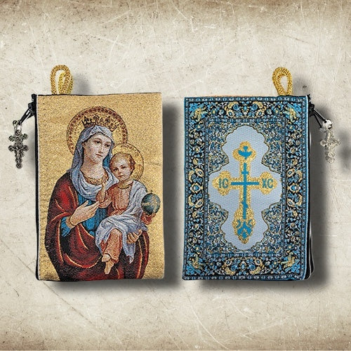 Rosary pouch. MADONNA AND CHILD & IC XC CROSS - BLUE
