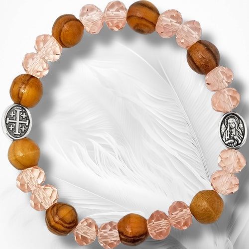 OLIVE WOOD STRETCH BRACELET, PINK BEADS AND JERUSALEM CROSS, VIRGIN MARY